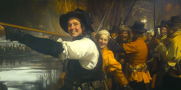 classic Dutch style painting of smiling soldiers and people